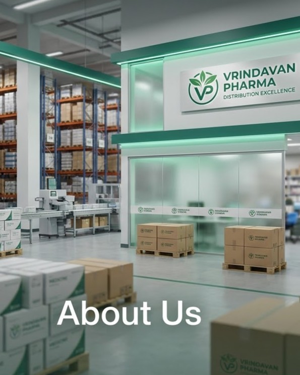 Vrindavan Pharma distribution warehouse with automated conveyor, branded packaging and modern facility signage