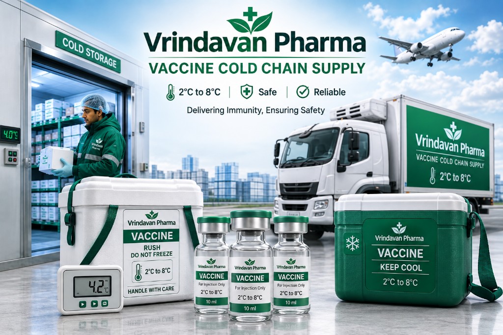 Vrindavan Pharma vaccine cold chain supply with temperature-controlled storage, refrigerated transport and pharmaceutical packaging