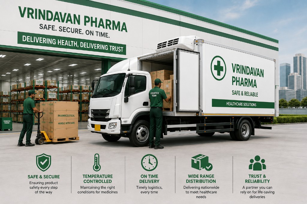 Vrindavan Pharma medicine delivery truck loading pharmaceutical cartons at a logistics warehouse for safe and timely distribution