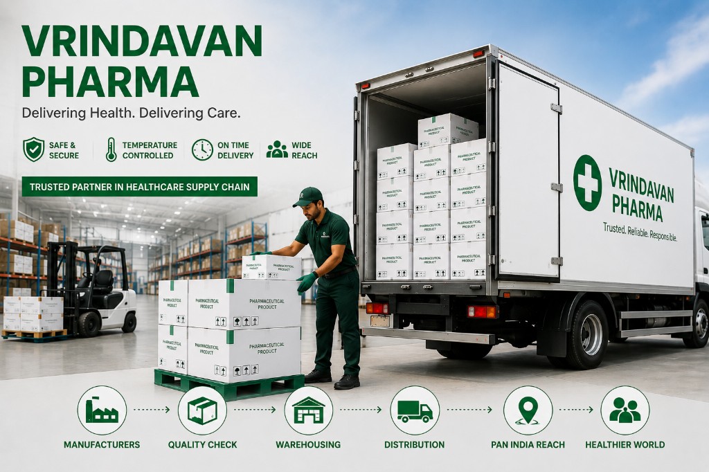 Vrindavan Pharma pharmaceutical distribution with warehouse loading, delivery truck and healthcare supply chain workflow