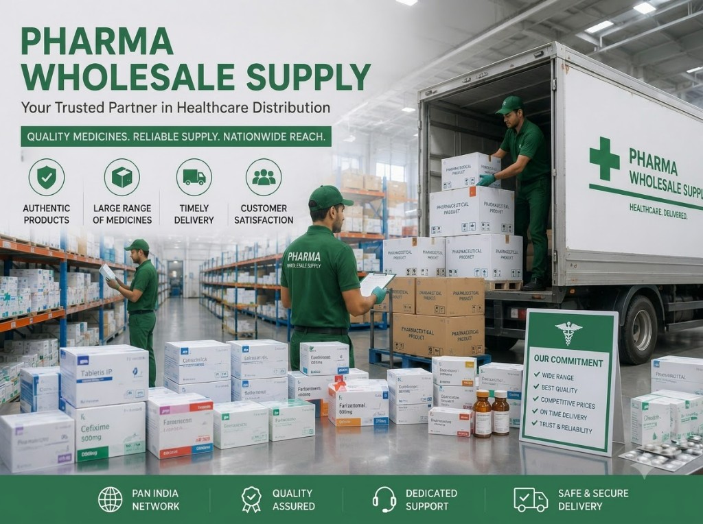 Pharma wholesale supply warehouse with delivery truck, medicine inventory and nationwide healthcare distribution