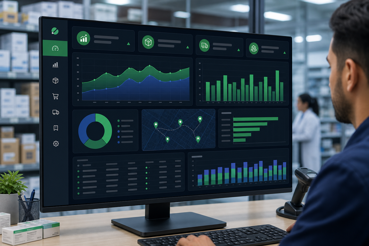 Analytics dashboard monitoring pharmaceutical sales, inventory and delivery performance