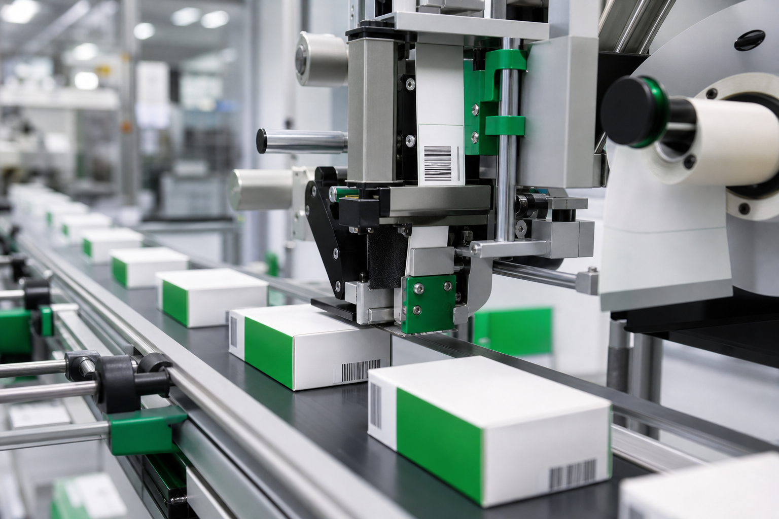 Barcode labelling system applying labels to pharmaceutical cartons on a distribution line