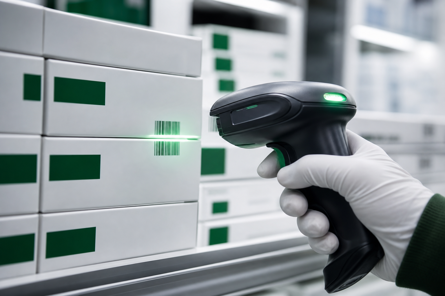 Barcode scanner verifying pharmaceutical medicine boxes during dispatch