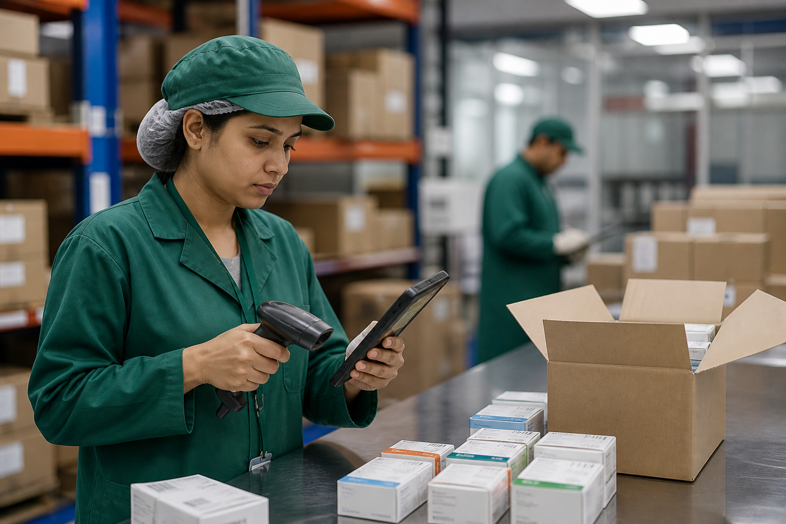 Checker verifying pharmaceutical shipment with barcode checking app