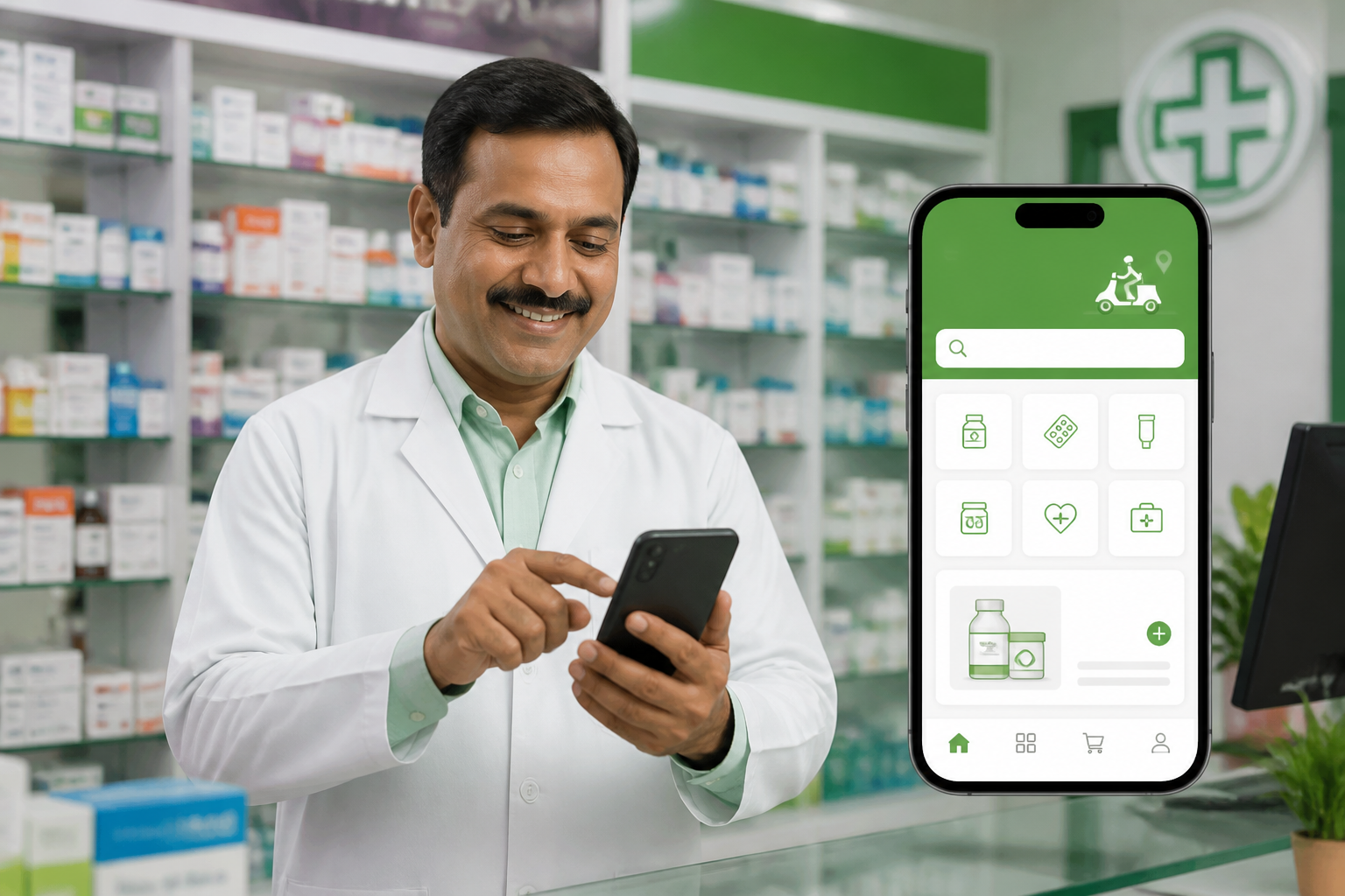 Pharmacy customer using mobile app to place medicine orders
