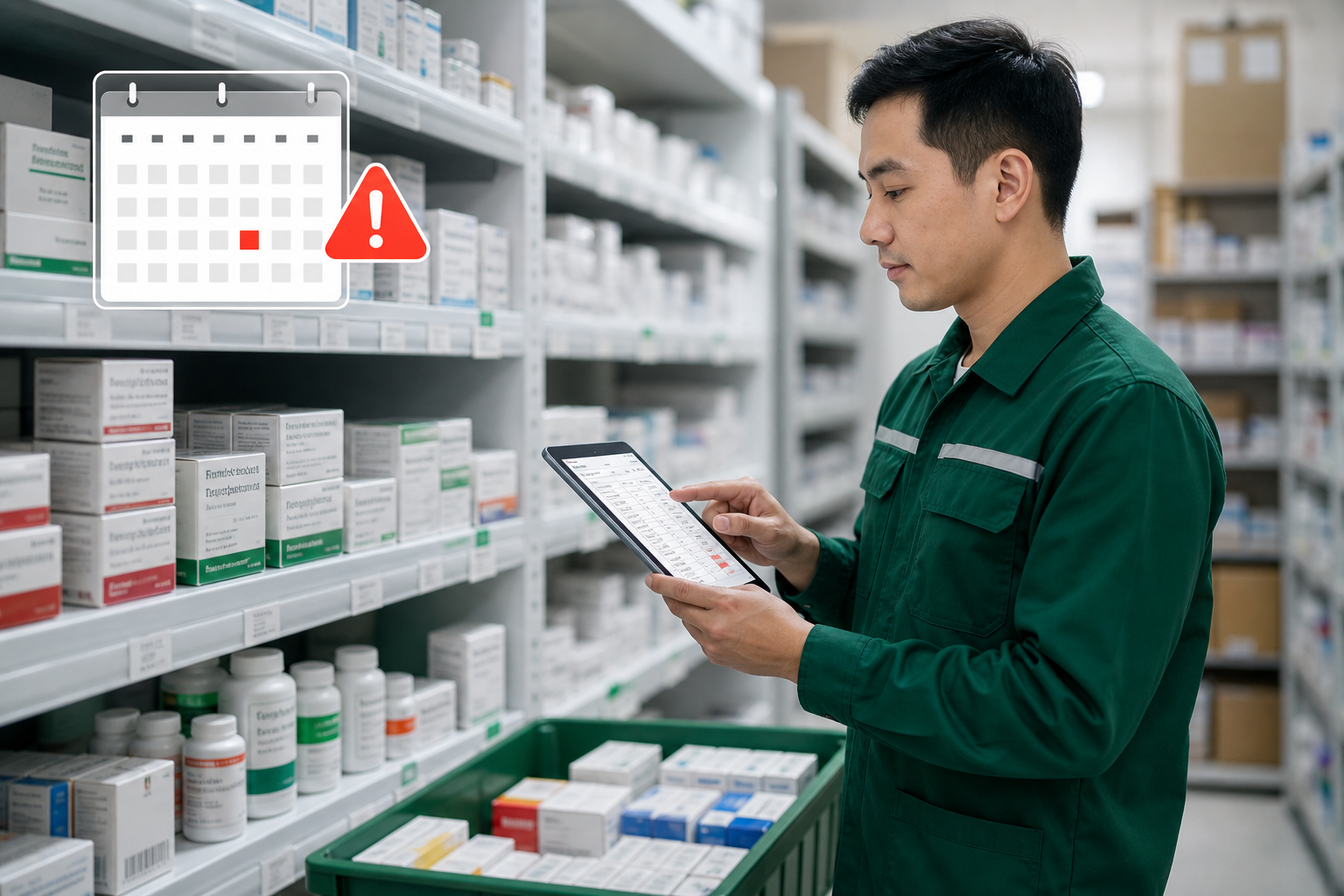 Expiry management system tracking medicine shelf life in a pharmaceutical warehouse