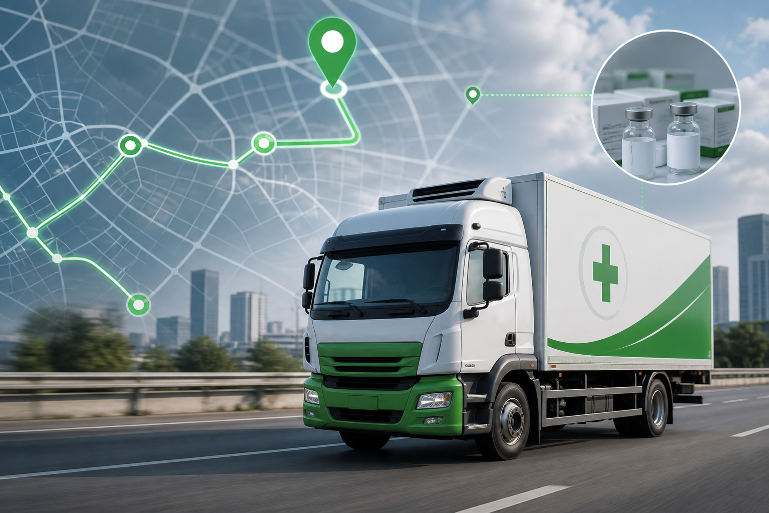 Delivery truck with GPS track and trace for on-time pharmaceutical distribution