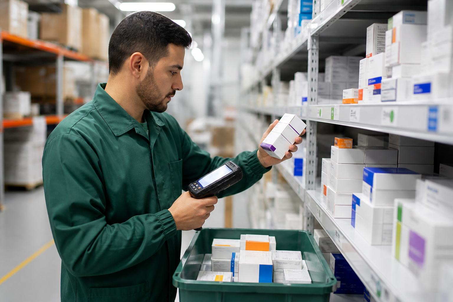 Warehouse picker using handheld picking app to collect pharmaceutical products