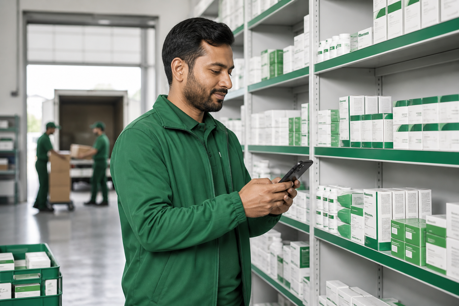 Sales representative using mobile app to capture pharmaceutical orders in the warehouse