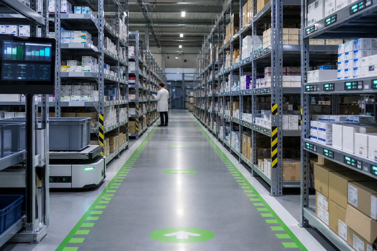 Organised pharmaceutical warehouse with digital warehouse management workflows